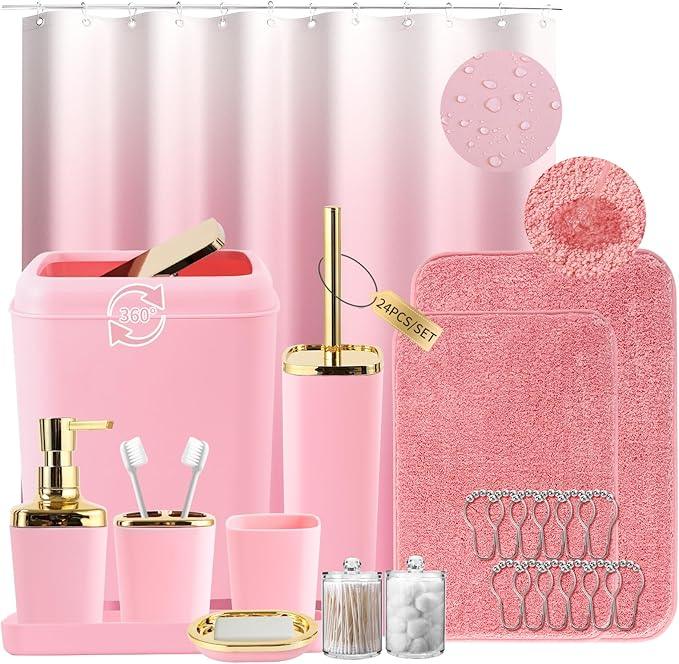 XLHOMO Bathroom Set - Pink Bathroom Sets with Shower Curtain and Rugs, 24PCS Shower Curtain Set with Hooks, Soap Dispenser, Soap Dish, Toilet Brush Holder and Trash Can for Housewarming - ModernBath