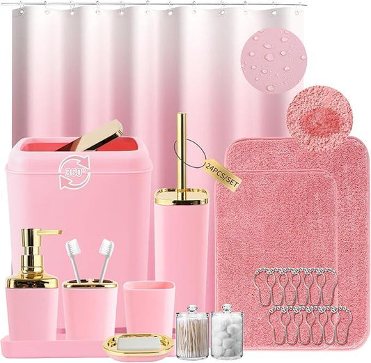 XLHOMO Bathroom Set - Pink Bathroom Sets with Shower Curtain and Rugs, 24PCS Shower Curtain Set with Hooks, Soap Dispenser, Soap Dish, Toilet Brush Holder and Trash Can for Housewarming - ModernBath