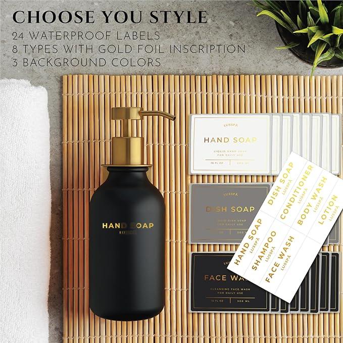 Shampoo & Conditioner Dispenser - Shower Soap Dispenser Wall Mounted - Set of 3 16.9 Oz Plastic Bottles with Pump & Holder - Shampoo Dispenser - Shower Dispenser Chamber No Drill (3 X Black/Gold) - ModernBath