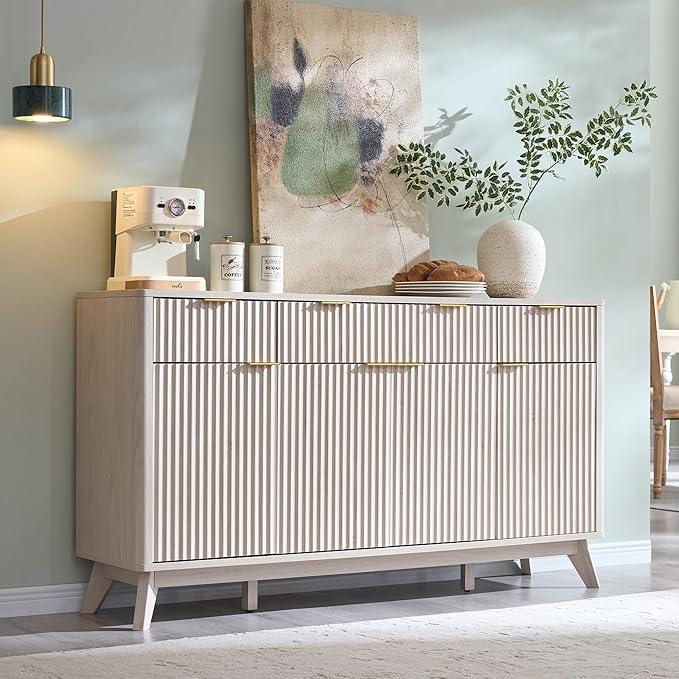 OKD Fluted Storage Cabinet with Drawers, 60" Morden Buffet Sideboard Coffee Bar Cabinet with 4 Doors and 3 Drawers for Dining Room, Living Room,Hallway (White Alder) - ModernBath