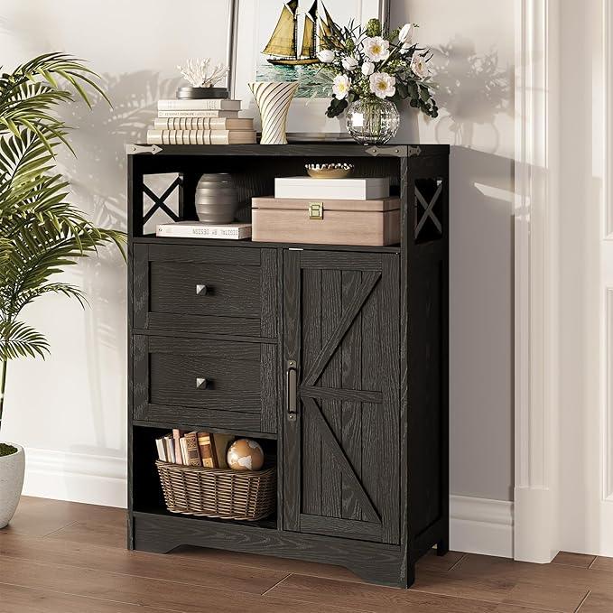 Fameill Farmhouse Storage Cabinet with 2 Drawers & Shelves,Freestanding Kitchen Cabinet with Doors,Floor Storage Organization for Living Room,Bathroom,Laundry,Black - ModernBath