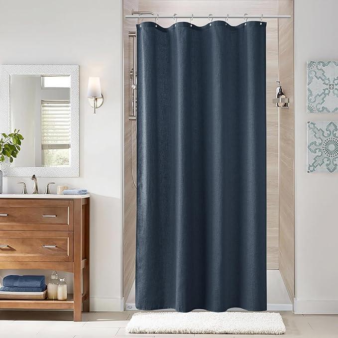 Naturoom Denim Blue 42 Inch Shower Curtain - Stall Narrow Half Linen Ultra Thick Fabric Shower Curtain Set with Hooks, Boho Farmhouse Rustic RV Camper Bath Curtains for Bathroom, 42x72 - ModernBath