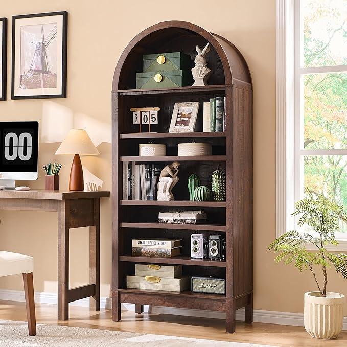 71" Tall Arched Bathroom Storage Cabinet, 7-Tier Modern Farmhouse Storage Cabinet with Adjustable Shelves, Wood Freestanding Cabinet for Bathroom, Living Room, Entryway, Hallway-Brown - ModernBath