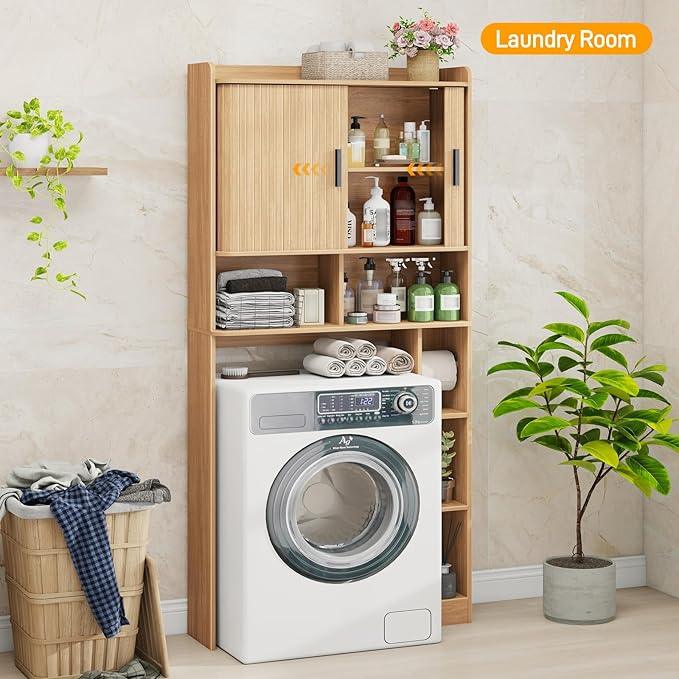 Over The Toilet Storage Cabinet,Farmhouse Toilet Cabinet Rack with 2 Tambour Sliding Doors and Toilet Paper Holder Stand，Toilet Shelf Space Saver with Towel Rack for Bathroom, Restroom, Laundry - ModernBath