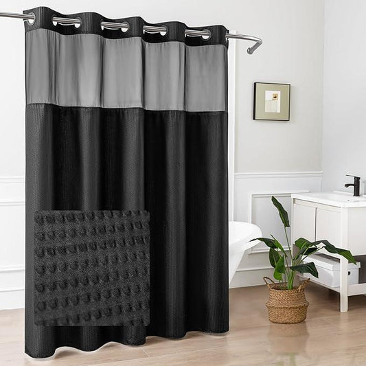 Mrs Awesome No Hook Shower Curtain with Snap-in Liner Less Time On/Off, Embossed Waffle-Look Textured Fabric Shower Curtain for Bathroom, Soft & Lightweight, 71x74, Black - ModernBath