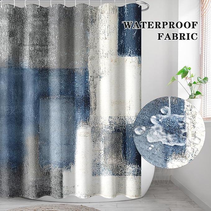 Culudea Navy Blue Grey Painting Shower Curtain Set, Gray Contemporary Modern Abstract Bathroom Window Waterproof Shower Curtain Set for Bathroom Decor - ModernBath