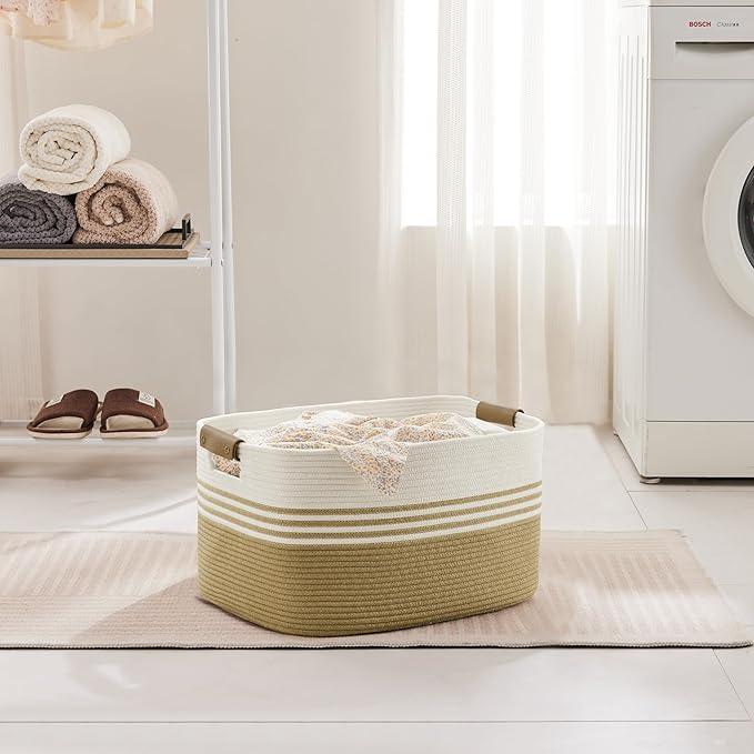 45L Small Laundry Basket with Leather Handles for Living Room Storage, Woven Rope Baskets Bin for Blanket, Kids Toy, Gifts, Wicker Hamper for Bedroom Dirty Clothes, 18"x14"x11" Khaki - ModernBath