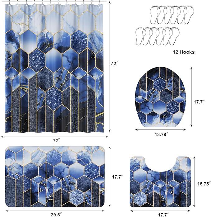XLHOMO Bathroom Sets with Shower Curtain and Rugs - 4PC Navy Blue Geometric Shower Curtain Set with 12 Hooks, Toilet Cover, U-Shaped Mat and Rugs Modern Abstract Bathroom Accessories for Bathroom - ModernBath