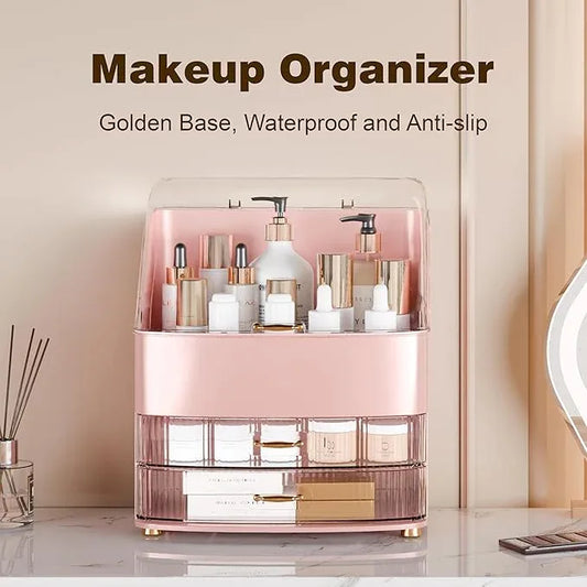 Makeup Organizer Countertop Vanity with Transparent Lid Drawers Waterproof Dustproof Cosmetic Skincare Bathroom Storage Gift for Women Teens Girls (Pink) - ModernBath