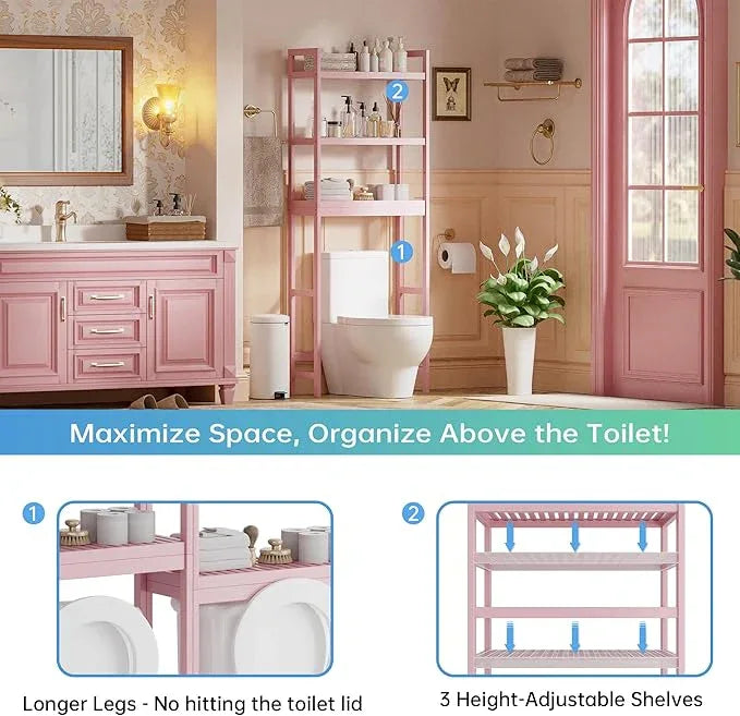 SMIBUY Bathroom Storage Shelf, Bamboo Over-The-Toilet Organizer Rack, Freestanding Toilet Space Saver with 3-Tier Adjustable Shelves (Pink) - ModernBath