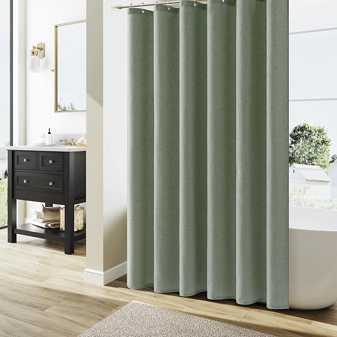 Naturoom Light Sage Linen Shower Curtain, Country Boho Farmhouse Bath Decor Shower Curtains Neutral Cloth Weighted Textured Fabric Bath Curtain Liner with Hooks, 72x80 - ModernBath