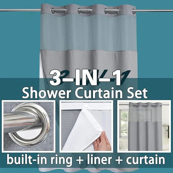 Conbo Mio Stall No Hook Waffle Weave Shower Curtain with Snap in Liner Set, Hotel Luxury Grey Shower Curtains for Bathroom with See Through Top Window, Waterproof, Washable 54W x 74H - ModernBath