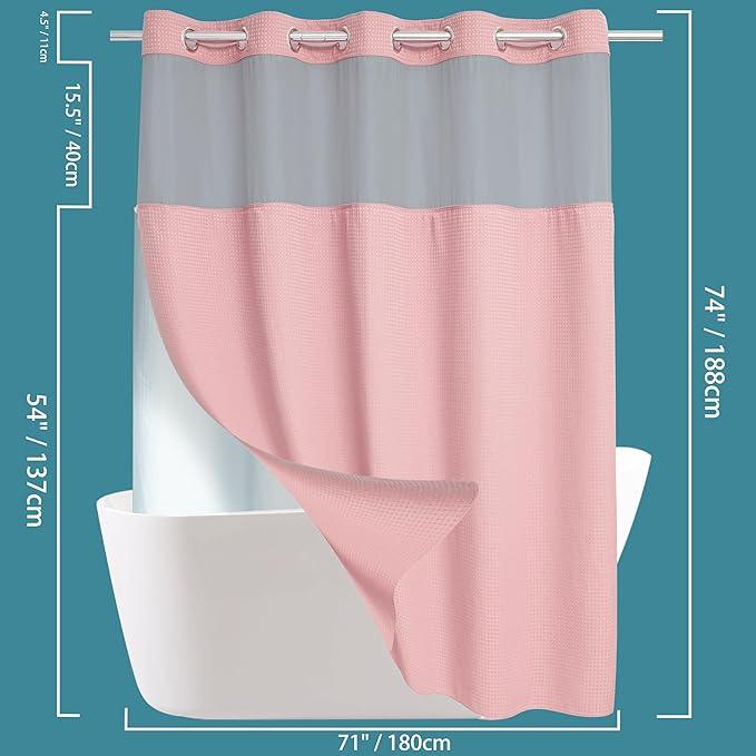 Conbo Mio No Hook Waffle Weave Shower Curtain with Snap in Liner Set, Hotel Luxury Pink Shower Curtains for Bathroom with See Through Top Window, Waterproof, Washable 71W x 74H - ModernBath
