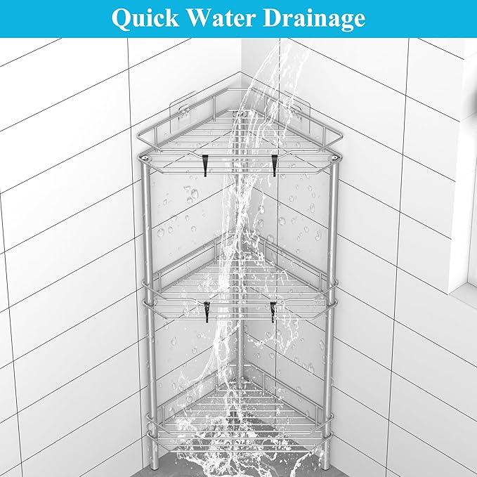 3 Tier Floor Standing Corner Shower Caddy Organizer Shelf with Hooks, Bathroom Shelves Stand Rack, Gray - ModernBath