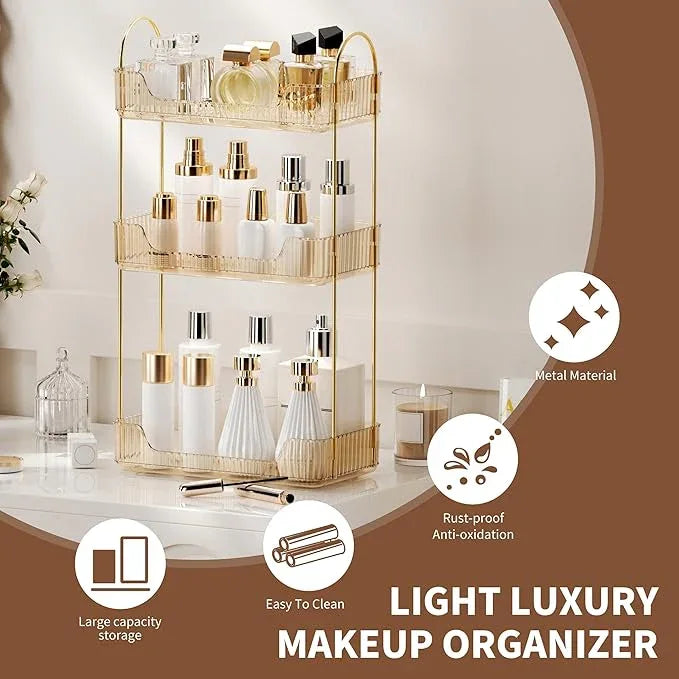 YCIA&DONE Bathroom Organizer Countertop, Makeup Storage, Skincare Cosmetic Tray Shelf, Perfume Holder Rack for Vanity Counter, Large Capacity, Easy to Install, Clean, 3 Tiers, Amber Gold - ModernBath