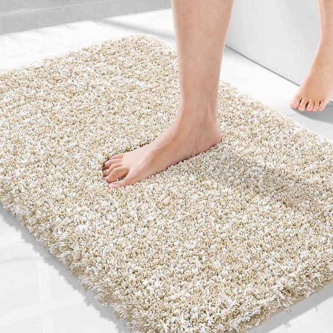 Yimobra Bath Rugs for Bathroom 32x20, Ultra Soft and Water Absorbent Bath Mats, Non Slip Plush Shower Mat Outside, Microfiber Mats for Bathroom Floor/Tub, Machine Washable, Light Beige and White - ModernBath