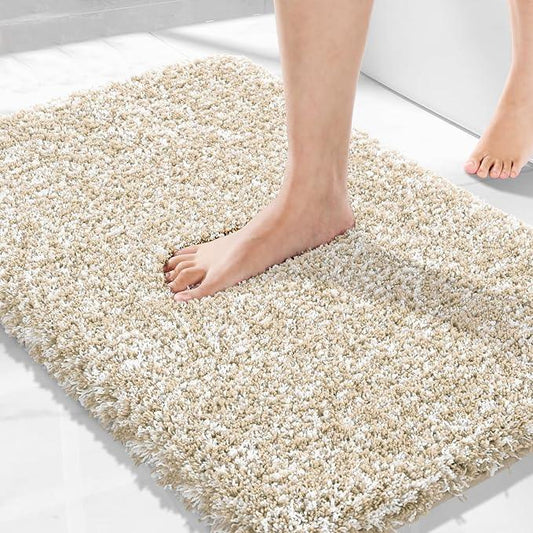Yimobra Bath Rugs for Bathroom 32x20, Ultra Soft and Water Absorbent Bath Mats, Non Slip Plush Shower Mat Outside, Microfiber Mats for Bathroom Floor/Tub, Machine Washable, Light Beige and White - ModernBath