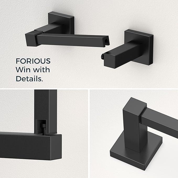 FORIOUS Toilet Paper Holder Set Wall Mount, SUS 304 Stainless Steel Pivoting Toilet Paper Holder and Towel Ring, Hand Towel Holder Set for Bathroom, Square Bathroom Hardware Set, Matte Black - ModernBath