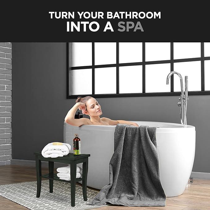 Black Shower Bench - Small Wooden Shower Stool with Storage Shelf, Non-Slip Bathroom Seat, Spa Decor Bath Bench, Foot Rest Shaving Stool for Shower, Indoor Outdoor Use, Great Gift Idea (17" x 9 x 17) - ModernBath