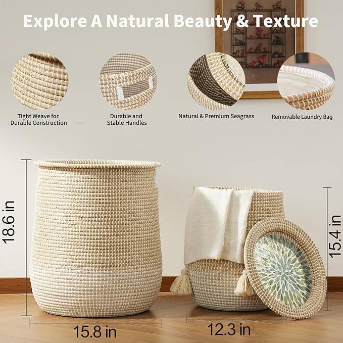 Round Seagrass Laundry Hamper with Lid, 2-Piece Set - Eco-Friendly Storage Basket for Clothes, Toys, and More - Natural Woven Design for Home, Bedroom, Bathroom - ModernBath