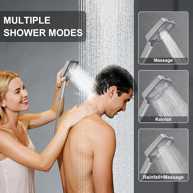 Shower System 13-Inch Rainfall Shower Head - 3 Setting Handheld Sprayer, Complete Bathroom Set with Faucet Mixer Trim Kit & Valve Brushed Nickel - ModernBath