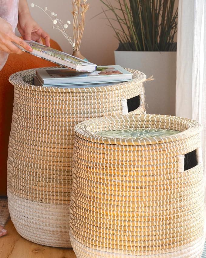 Round Seagrass Laundry Hamper with Lid, 2-Piece Set - Eco-Friendly Storage Basket for Clothes, Toys, and More - Natural Woven Design for Home, Bedroom, Bathroom - ModernBath