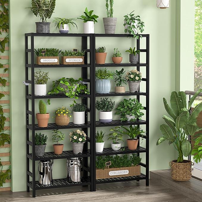 Homykic 6-Tier Bamboo Bookshelves and Bookcases, Adjustable 63.4”Tall Shallow Book Shelf Organizer Rack, Freestanding Storage Shelving Unit for Living Room, Kitchen, Bathroom, Office, Black - ModernBath
