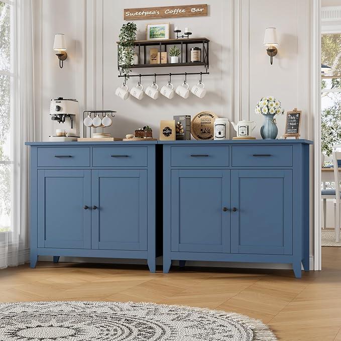 HORSTORS Kitchen Storage Cabinet, Modern Farmhouse Buffet Cabinet with Storage, Coffee Bar with 2 Drawers and 2 Doors, Floor Sideboard Buffet for Living Room, Dining Room, Bathroom, Blue - ModernBath