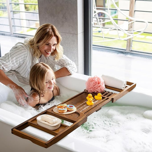 Luxury Teak Bathtub Tray - Foldable Bath Caddy with Expandable Handles, Wine Glass & Phone Holder, Book Stand - Enhance Home Spa Experience with Natural Material - Relaxing & Reading, Teak
