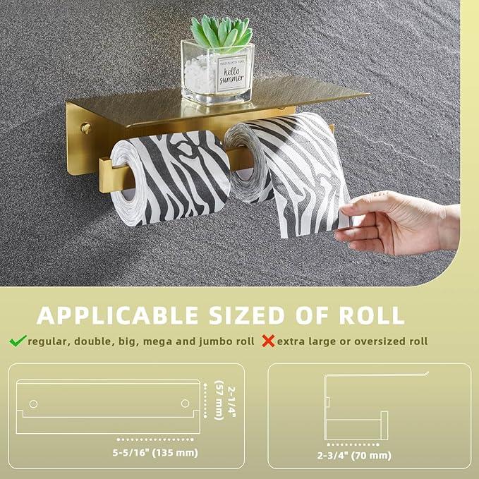Angle Simple Toilet Paper Holder with Shelf Brushed Gold, 304 Stainless Steel Double Toilet Tissue Holder for Wall - ModernBath