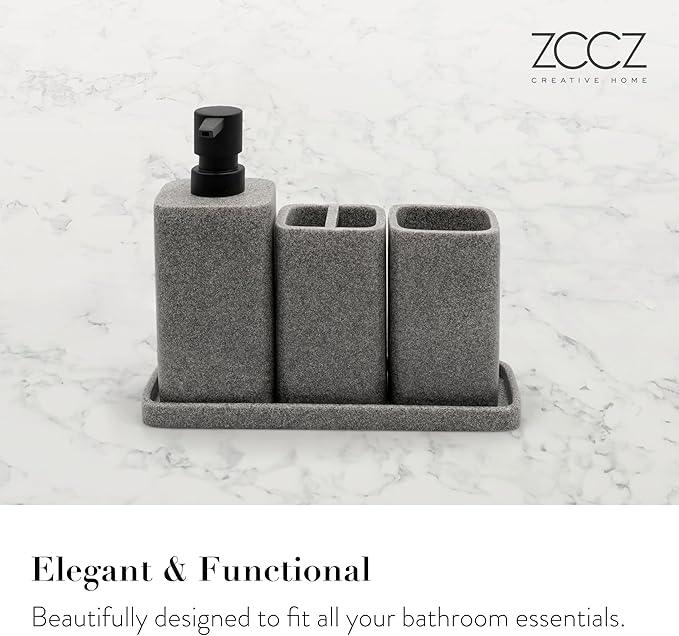 ZCCZ Grey Bathroom Accessory Sets, 4 Pieces Bathroom Accessories Complete Set Vanity Countertop Accessory Set, Includes Lotion Dispenser Soap Pump, Tumbler, Toothbrush Holder and Tray - ModernBath