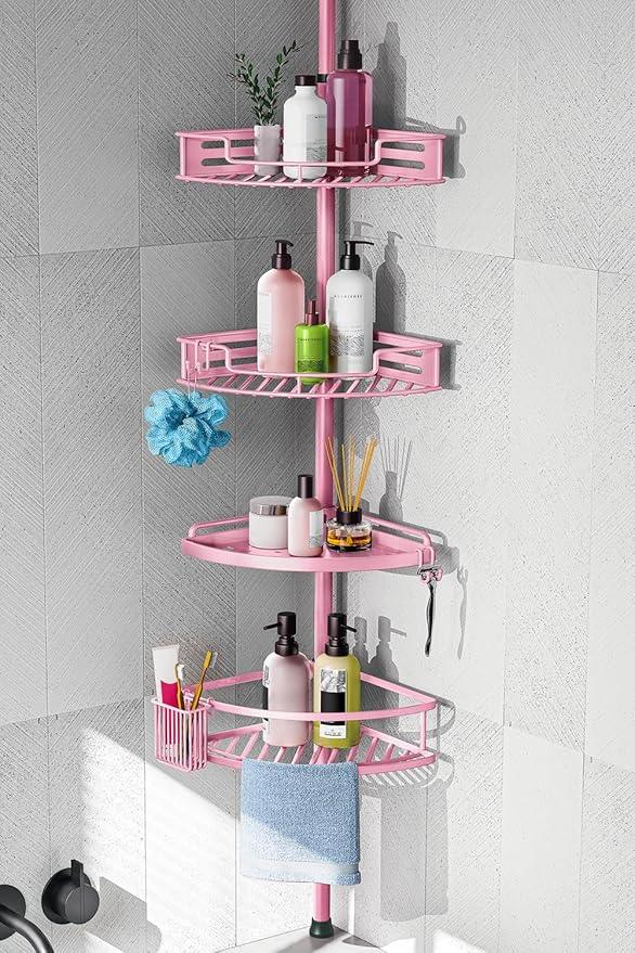 HAMITOR Corner Shower Caddy Tension Pole: Quick Installation 4-Tier Rustproof Bathroom Organizer Shelves for Bathtub Shampoo Storage - 47-121 inch Adjustable Floor Standing Bath Rack Holder - Pink - ModernBath