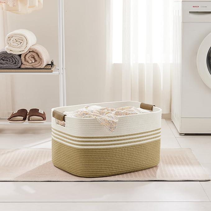 60L Large Laundry Basket with Leather Handles for Living Room Storage, Woven Rope BasketsBin for Blanket, Kids Toy, Gifts, Wicker Hamper for Bedroom Dirty Clothes, 21"x15"x11" Khaki - ModernBath