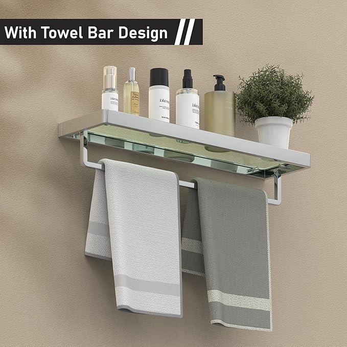Bathroom Shelves Glass Bathroom Shelf with Towel Bar, Floating Shelves for Living Room/Study Room Tempered Glass Rectangular 1 Tier Organizer Wall Shelf (Chrome Polished, 20'') - ModernBath