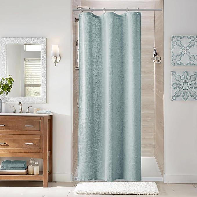 Naturoom 36 Inch Shower Curtain - Stall Narrow Half Green Linen Ultra Thick Fabric Shower Curtain Set with Hooks, Boho Farmhouse Rustic RV Camper Bath Curtains for Bathroom, Blue, 36 x 72 - ModernBath