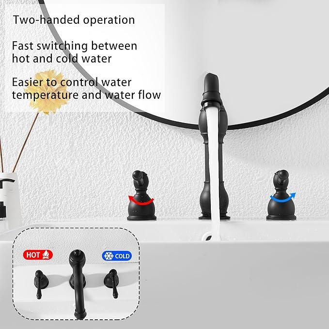 GGStudy 2 Handles 3 Holes Faucet Widespread Bathroom Sink Faucet Basin Tap Mixer Supply Hose Included Matching Pop Up Drain Matte Black - ModernBath