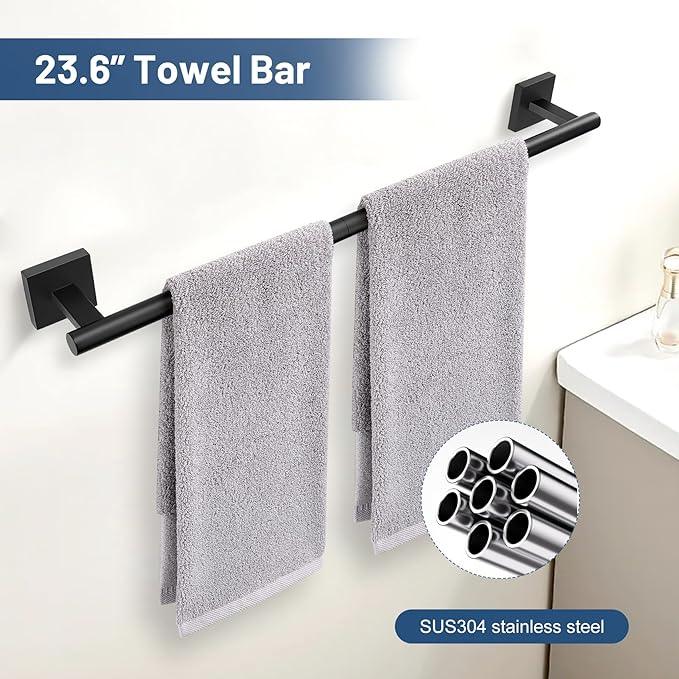 TURS Matte Black 5-Pieces Bathroom Hardware Set SUS304 Stainless Steel Towel Bar Set Wall Mounted 23.6 Inch Towel Racks for Bathroom Square Towel Holder Set - ModernBath