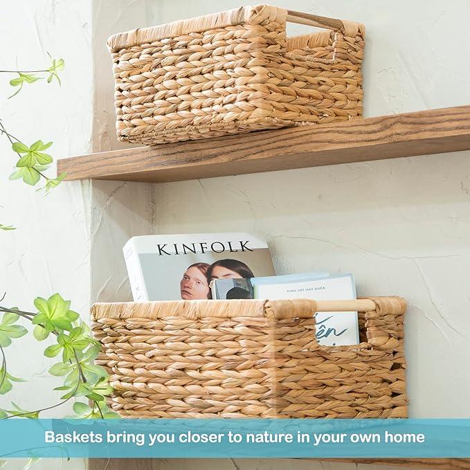 Water Hyacinth Storage Baskets with Wooden Handles, Rectangular Woven Organizer Bins for Closet, Pantry, Bathroom, or Shelves, Natural Decorative Storage Baskets for Home Organization – Set of 3 - ModernBath