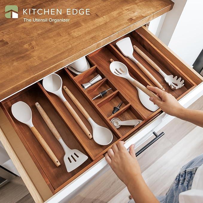 KitchenEdge Adjustable Kitchen Drawer Organizer for Utensils and Junk, Food-Safe Contract Grade with 100% Sustainable Wood, Non-Slip, Expandable from 16" to 28" Wide - Natural Acacia - ModernBath