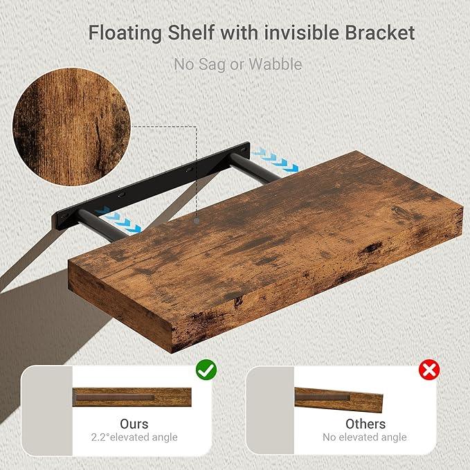 Vivelove Floating Shelves for Wall 16 inchs Long, Bathroom Shelves Over Toilet, for Bedroom, Living Room, Kitchen, Farmhouse Decor, Rustic Wall Shelves with Invisible Brackets - Set of 2, Rustic Brown - ModernBath
