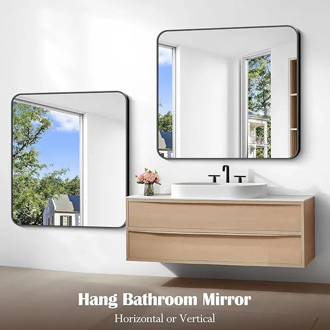 CIVENO Bathroom Mirror, 40 x 36 inch Black Rectangle Wall Mirror, Metal Frame Rectangular Vanity Mirror, Rounded Corner Wall Mounted Mirror for Modern Bedroom Living Room Hangs Horizontal/Vertical - ModernBath