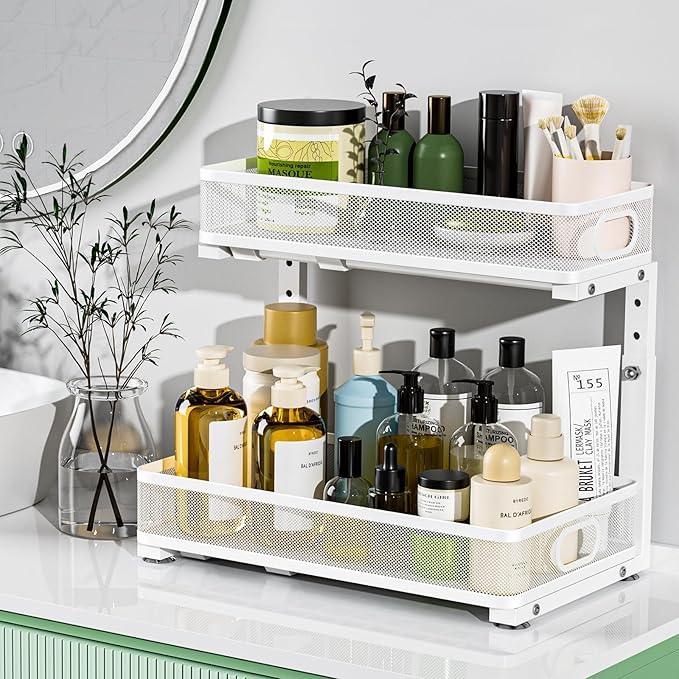 Under Sink Organizer, High Adjustable 2 Tier Under Sink Organizers and Storage, Slide Out Metal Cabinet Organizers, Pull Out Sink Storage Drawer Shelf for Kitchen Bathroom Cabinet, White, 2 Pack - ModernBath