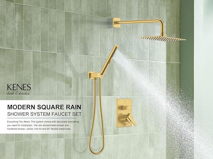 KENES Brushed Gold Rainfall Bathroom Shower System Rain Shower Head and Handle Set, Shower Faucet Set with 10-Inch Rain Showerhead and Handheld Spray, (Shower Valve Included), LJ-6026A-4 - ModernBath