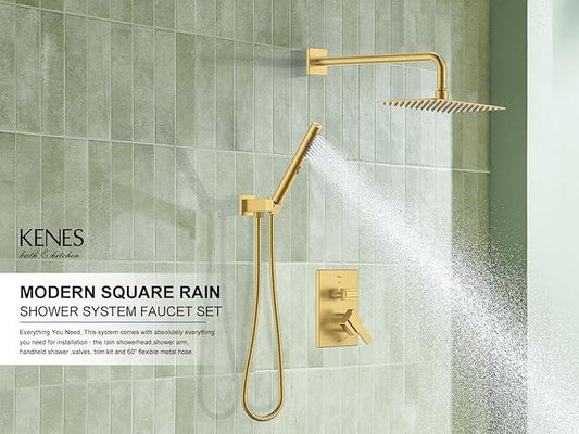 KENES Brushed Gold Rainfall Bathroom Shower System Rain Shower Head and Handle Set, Shower Faucet Set with 10-Inch Rain Showerhead and Handheld Spray, (Shower Valve Included), LJ-6026A-4 - ModernBath