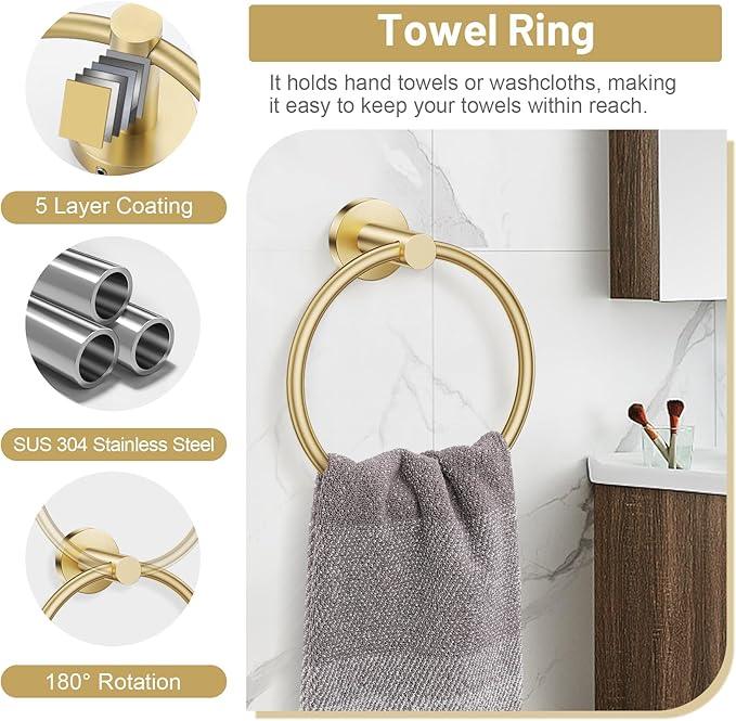 Lairuier Brushed Gold Towel Holder Set Include Double Bases Toilet Paper Holder,Towel Ring and 2 Towel Hooks Stainless Steel Wall Mounted Bathroom Hardware Accessories Set - ModernBath