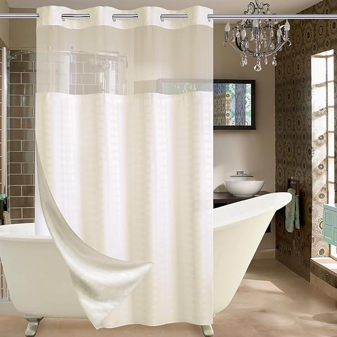 Conbo Mio Stall No Hook Shower Curtain with Snap in Liner Set, Hotel Luxury Beige Shower Curtains for Bathroom with See Through Top Window, Waterproof, Washable 54W x 74H - ModernBath