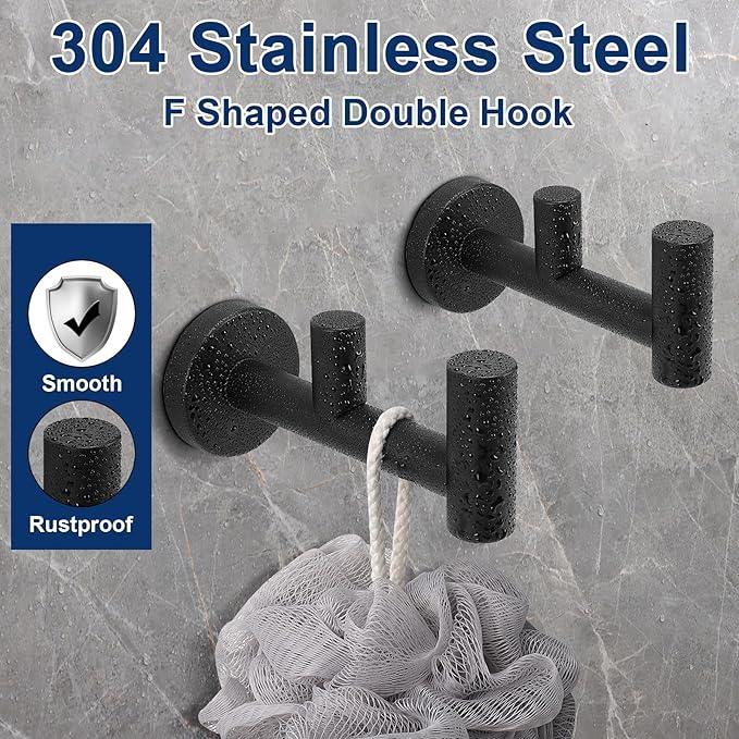 NearMoon Bathroom Double Towel Hook- SUS304 Stainless Steel Robe Towel Holder, Heavy Duty Double Coat Hook for Bathroom Livingroom Kitchen Wall Mounted (Matte Black-F, 2 Pack) - ModernBath