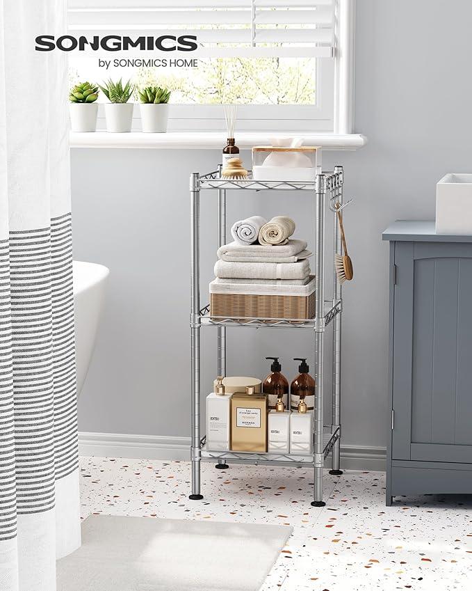 SONGMICS 3-Tier Bathroom Shelf, Storage Rack for Small Space, with 3 PP Shelf Liners, Removable Hook, Extendable Design, Silver and Translucent ULGR103E01 - ModernBath