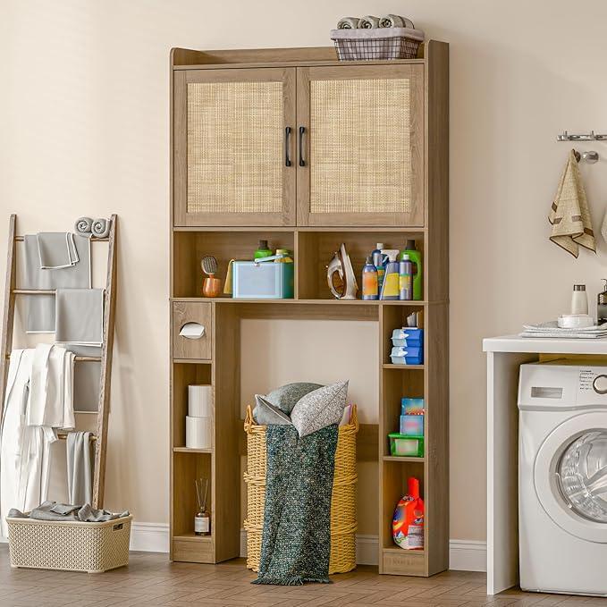 Over The Toilet Storage Cabinet, Farmhouse Toilet Cabinet Rack with Barn Doors, Space Saving Bathroom Organizer with Shelves,Toilet Paper Holder and Towel Rack for Bathroom,Restroom,Laundry,Rattan Oak - ModernBath