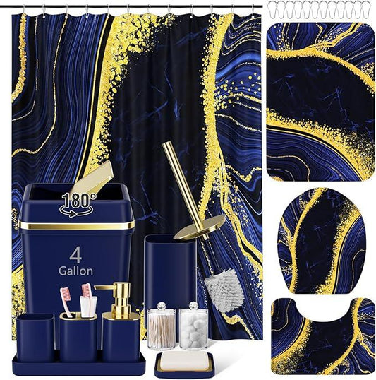 25PCS Bathroom Accessory Set, Navy Blue Bathroom Set with Large-Capacity 4 Gallon Trash Can,Bathroom Rugs Set, Waterproof Shower Curtain, Toilet Brush, Toothbrush Holder & Soap Dispenser - ModernBath